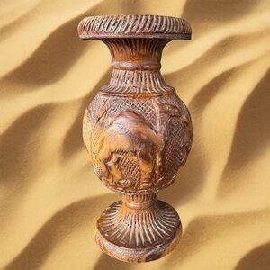 Beautifully Carved OLIVE Wood Vase Urn, Camel, Palm Tree, Leaves Made In Israel